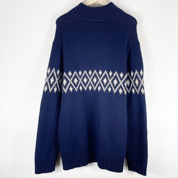 GAP Men's Navy Blue 100% Lambs Wool Sweater Sz XL Beige Fair Isle Mock Neck Zip - Picture 2 of 7